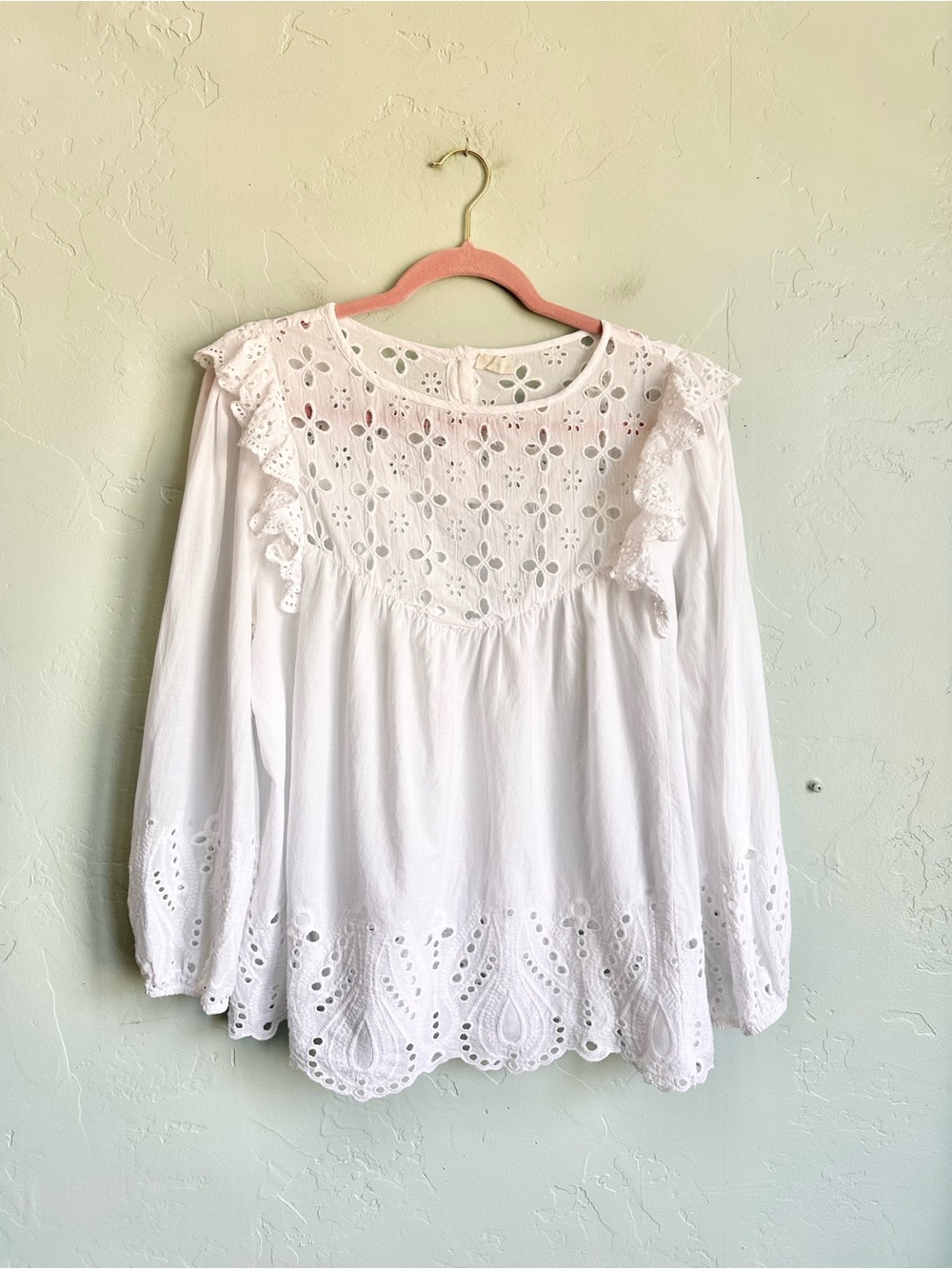Anthropologie Jennifer & Grace White Eyelet Cotton Summer Peasant Top Large EUC